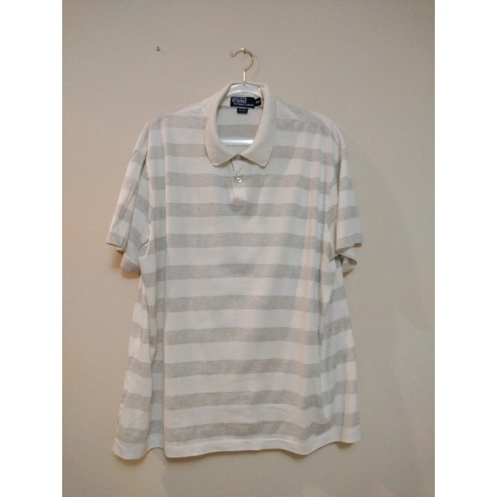 VTG Polo By Ralph Lauren Golf Shirt Mans XXL Grey And White Striped Sort Sleeves